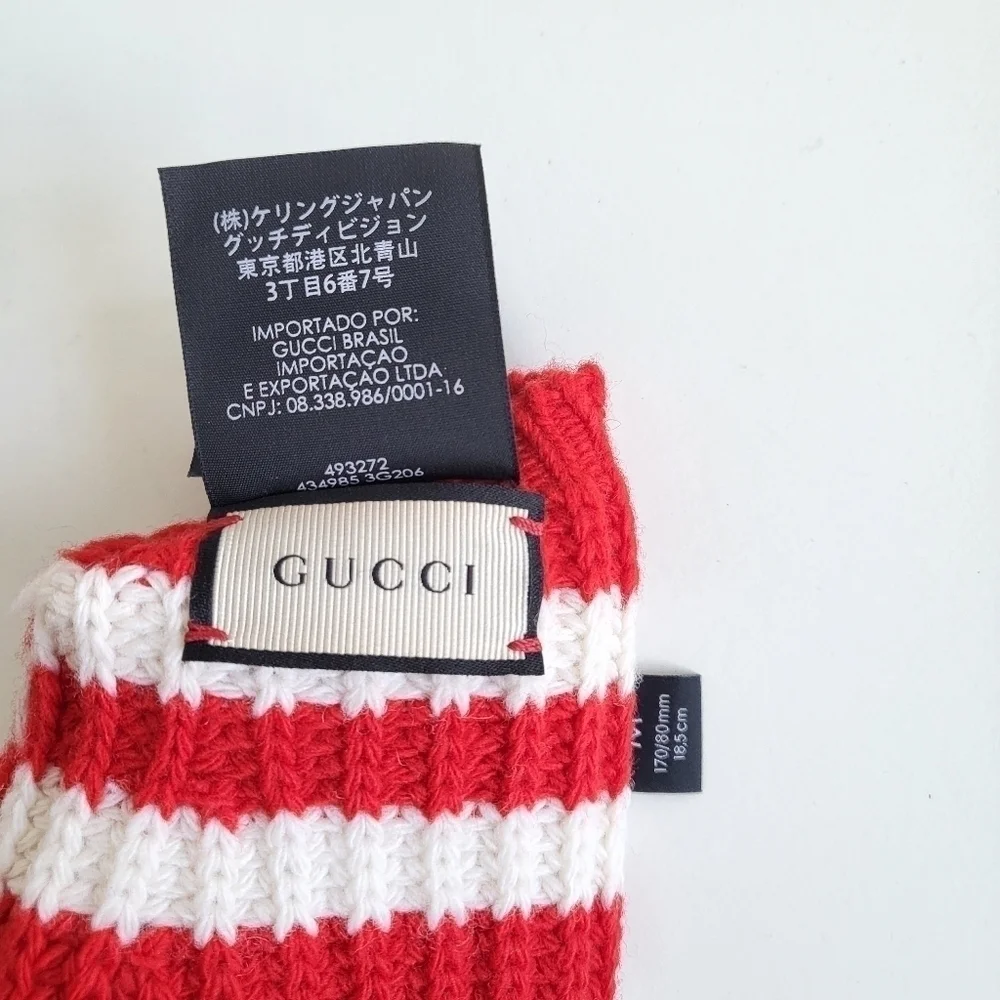 New Gucci 100% Wool Knit Striped Red/White Fingerless Gloves NWT Size Medium